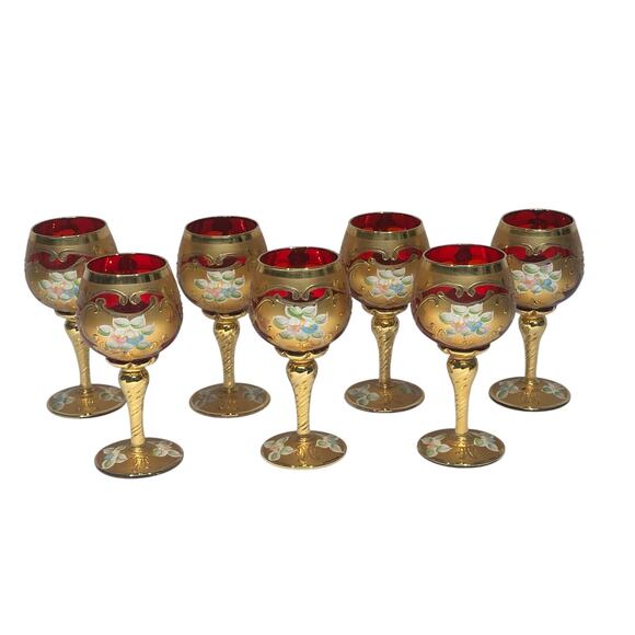 Tre Fuochi Murano Ruby Red Hand Painted Enamel 24KT Gold Overlay Stemware Set-7 - Picture 1 of 10